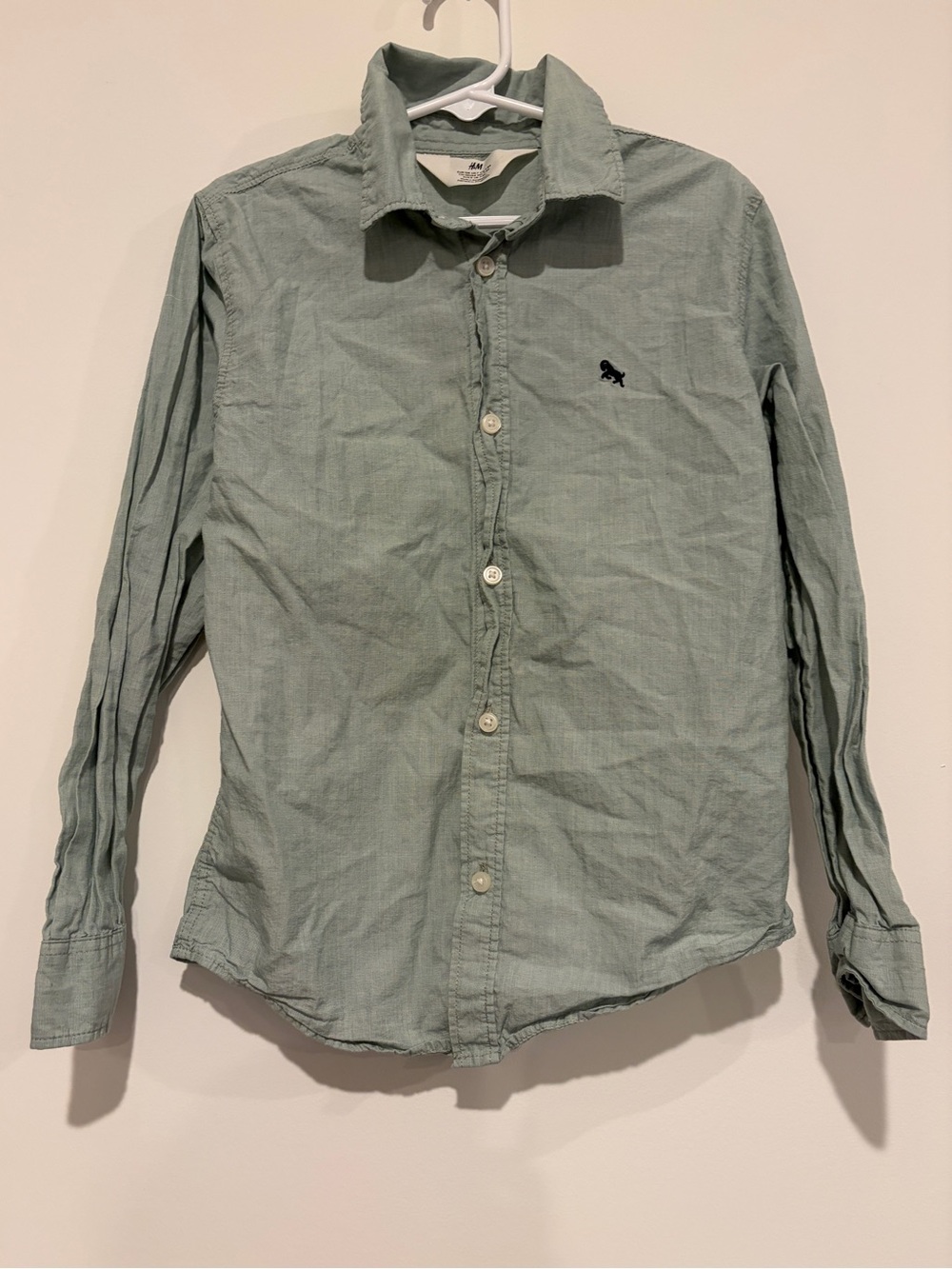 H&M Size US 7 Sage Green Cotton Long Sleeve Button Down Dress Shirt Boys EUR 128